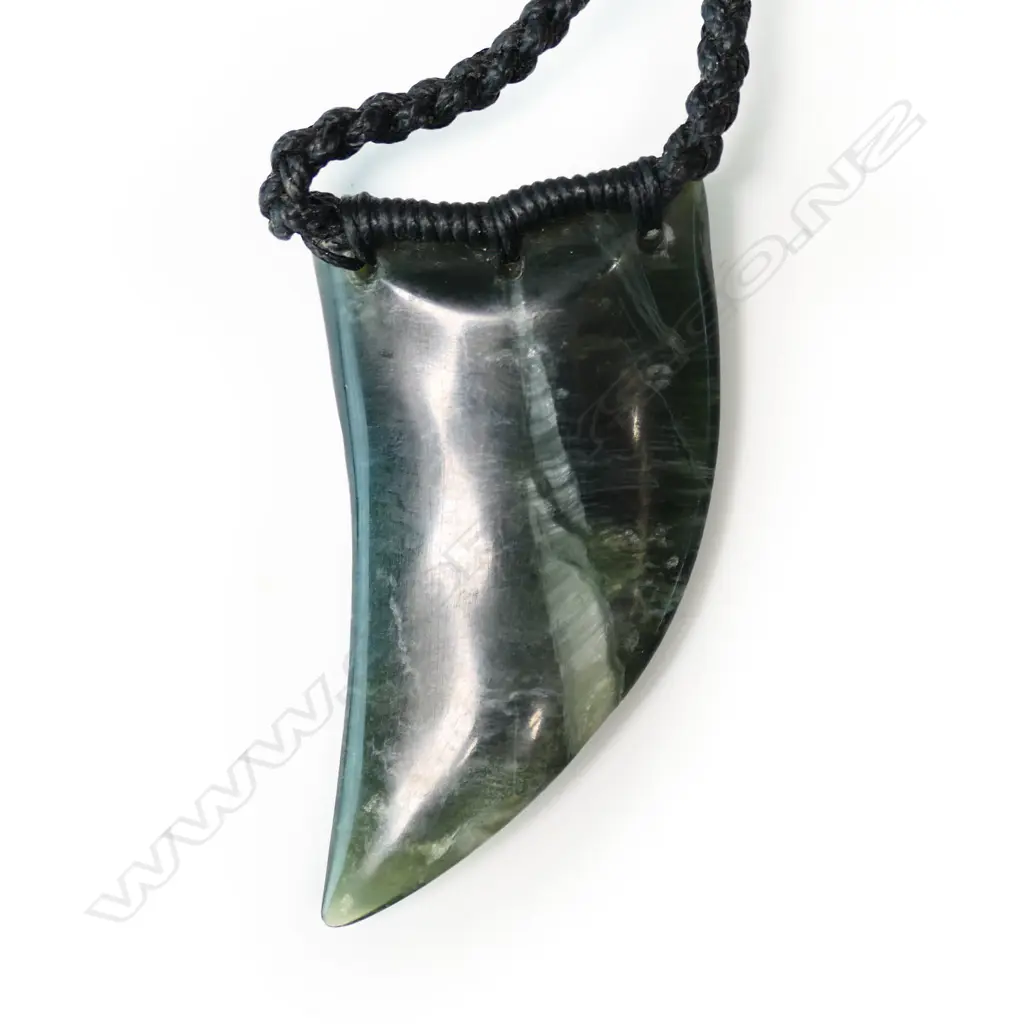 Te Kaha carved pounamu (chatoyant tangiwai) large rei niho (eye tooth) pendant, Image 1++
